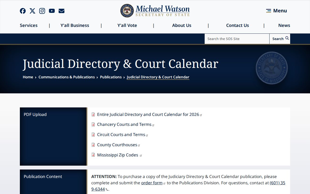 Wilkinson County court calendar source, Mississippi Judicial Directory and Court Calendar